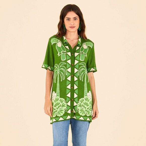 NWT- FARM Rio- Green Summer Sunrise Lenzing Ecovero Viscose Knit Shirt Green, L - Picture 1 of 15